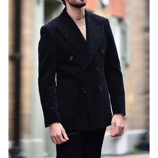chouyatou Mens Double Breasted Corduroy Blazer Jacket Vintage Notched Lapel Suit Jacket Sport CoatBlack