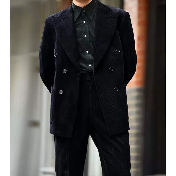 chouyatou Mens Double Breasted Corduroy Blazer Jacket Vintage Notched Lapel Suit Jacket Sport CoatBlack
