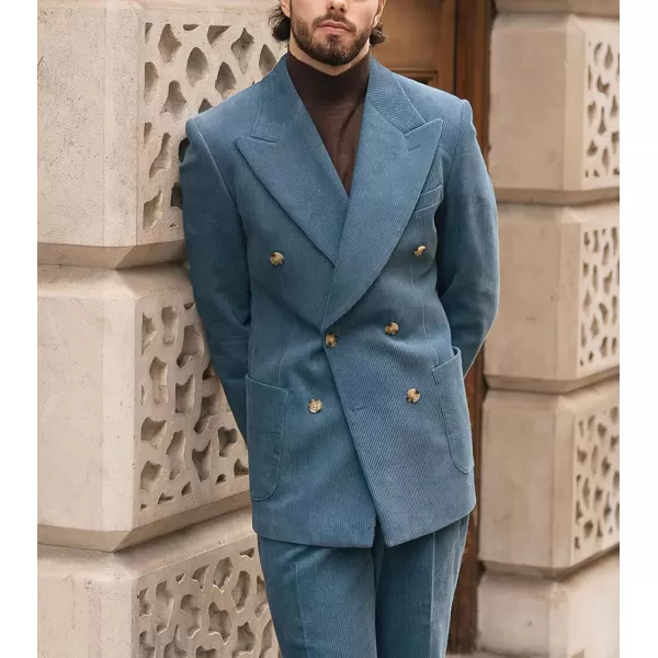 chouyatou Mens Double Breasted Corduroy Blazer Jacket Vintage Notched Lapel Suit Jacket Sport CoatBlue