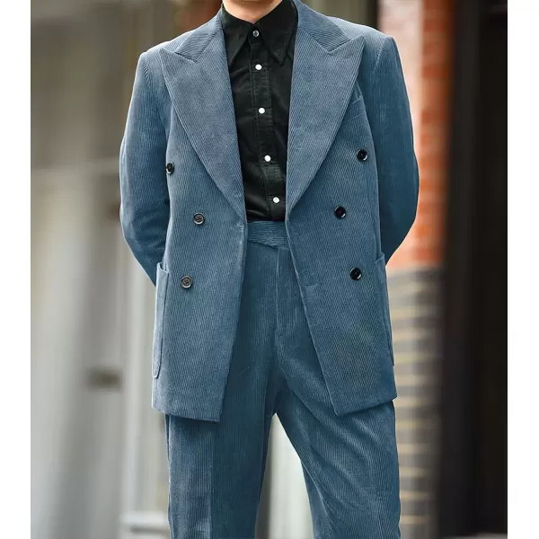 chouyatou Mens Double Breasted Corduroy Blazer Jacket Vintage Notched Lapel Suit Jacket Sport CoatBlue