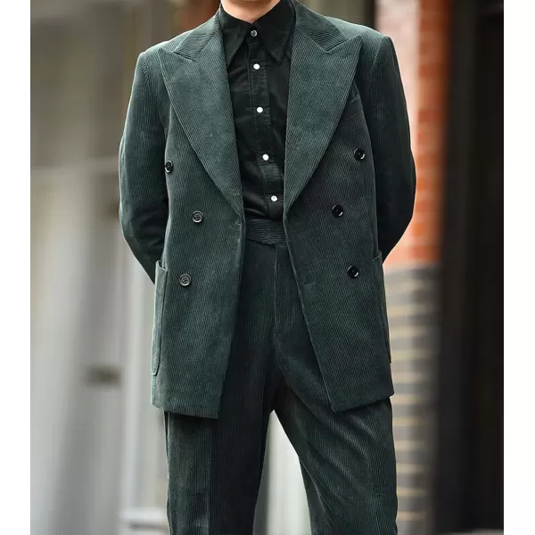 chouyatou Mens Double Breasted Corduroy Blazer Jacket Vintage Notched Lapel Suit Jacket Sport CoatGreen