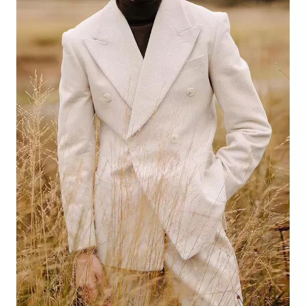 chouyatou Mens Double Breasted Corduroy Blazer Jacket Vintage Notched Lapel Suit Jacket Sport CoatWhite