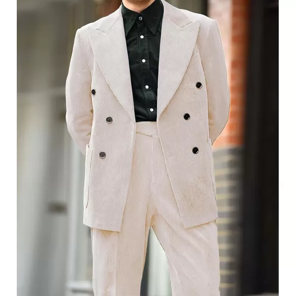 chouyatou Mens Double Breasted Corduroy Blazer Jacket Vintage Notched Lapel Suit Jacket Sport CoatWhite