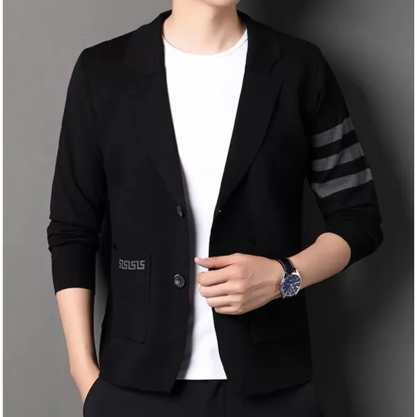 chouyatou Mens Notched Lapel 2 Button Slim Fit Business Casual Striped Knit Sweater Blazer Jacket Sport CoatBlack