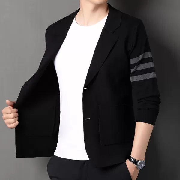 chouyatou Mens Notched Lapel 2 Button Slim Fit Business Casual Striped Knit Sweater Blazer Jacket Sport CoatBlack