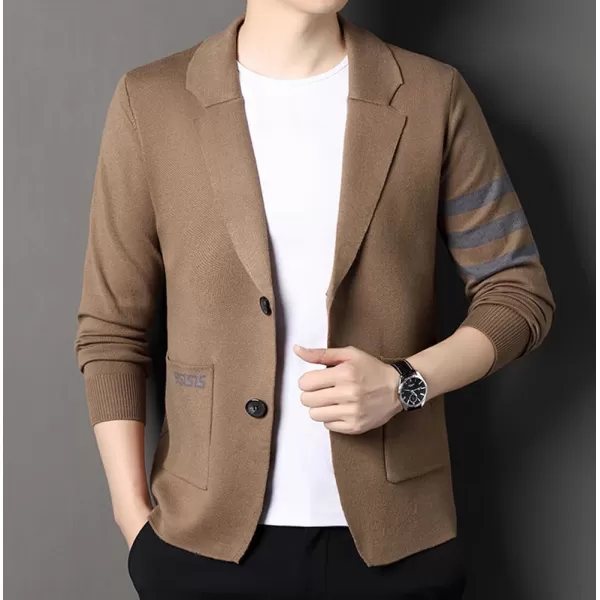 chouyatou Mens Notched Lapel 2 Button Slim Fit Business Casual Striped Knit Sweater Blazer Jacket Sport CoatCamel