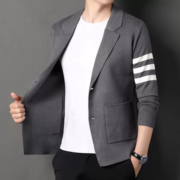 chouyatou Mens Notched Lapel 2 Button Slim Fit Business Casual Striped Knit Sweater Blazer Jacket Sport CoatGray