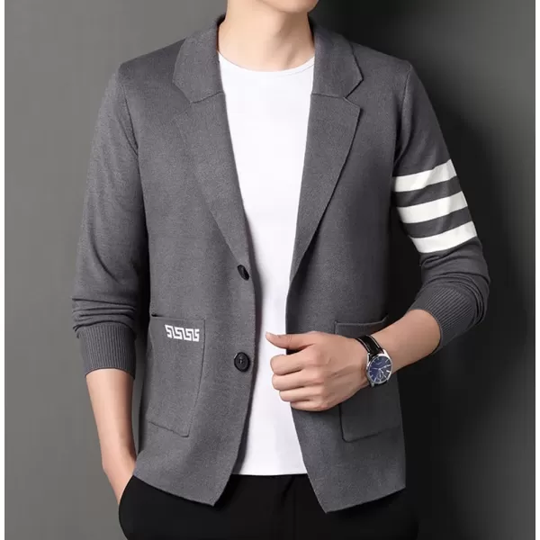 chouyatou Mens Notched Lapel 2 Button Slim Fit Business Casual Striped Knit Sweater Blazer Jacket Sport CoatGray