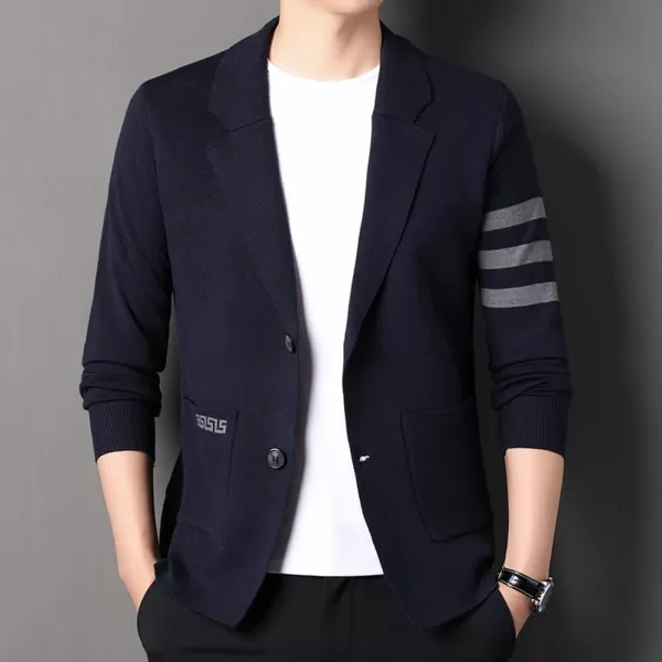 chouyatou Mens Notched Lapel 2 Button Slim Fit Business Casual Striped Knit Sweater Blazer Jacket Sport CoatNavy