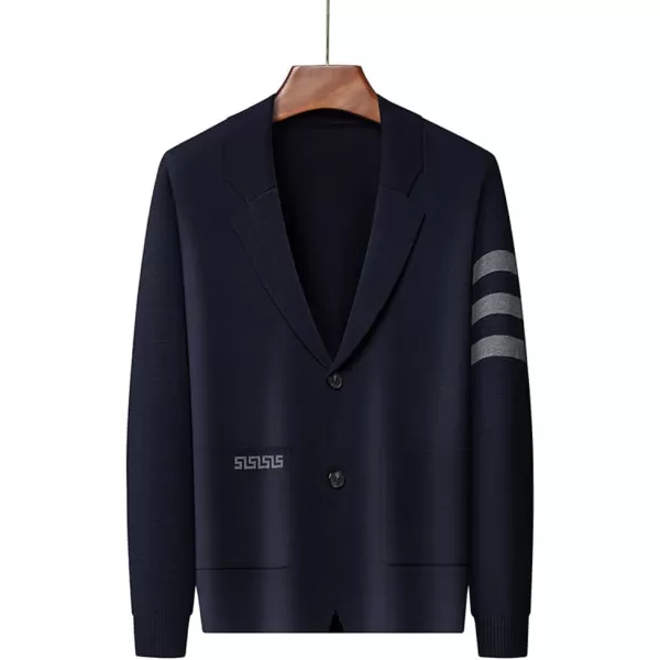 chouyatou Mens Notched Lapel 2 Button Slim Fit Business Casual Striped Knit Sweater Blazer Jacket Sport CoatNavy
