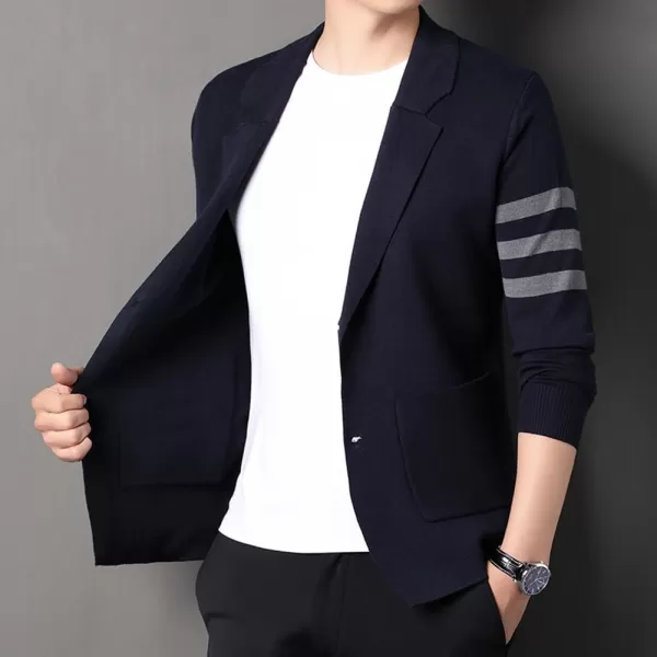chouyatou Mens Notched Lapel 2 Button Slim Fit Business Casual Striped Knit Sweater Blazer Jacket Sport CoatNavy