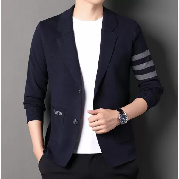 chouyatou Mens Notched Lapel 2 Button Slim Fit Business Casual Striped Knit Sweater Blazer Jacket Sport CoatNavy