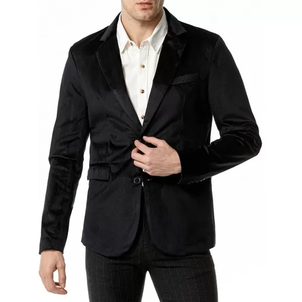 chouyatou Mens Solid Velvet Blazer Basic Slim Fit Two Button Prom Party Dinner Blazer JacketBlack