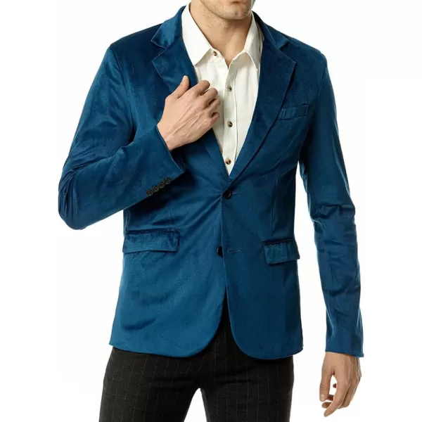 chouyatou Mens Solid Velvet Blazer Basic Slim Fit Two Button Prom Party Dinner Blazer JacketPeacock Blue
