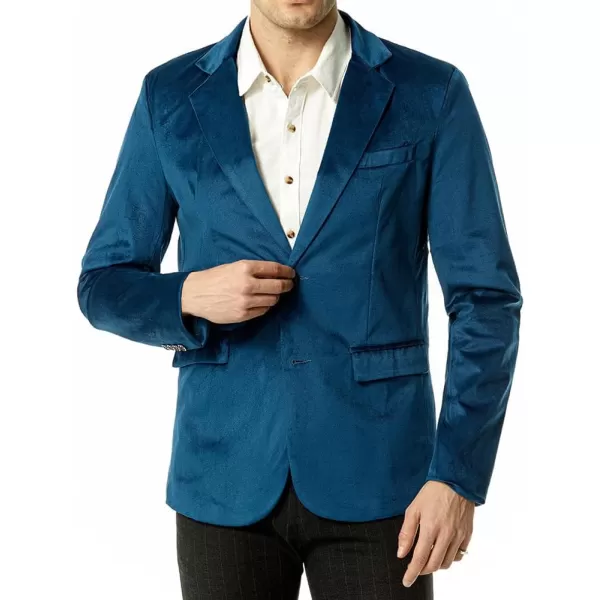 chouyatou Mens Solid Velvet Blazer Basic Slim Fit Two Button Prom Party Dinner Blazer JacketPeacock Blue