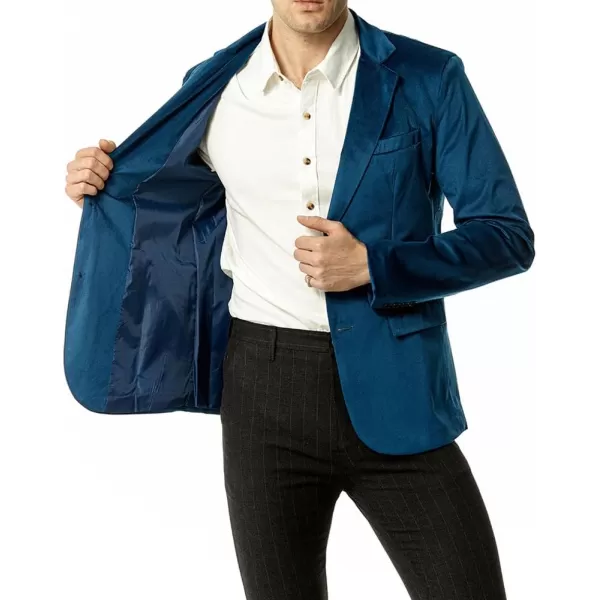 chouyatou Mens Solid Velvet Blazer Basic Slim Fit Two Button Prom Party Dinner Blazer JacketPeacock Blue