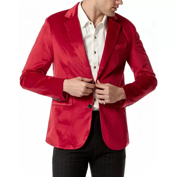 chouyatou Mens Solid Velvet Blazer Basic Slim Fit Two Button Prom Party Dinner Blazer JacketRed