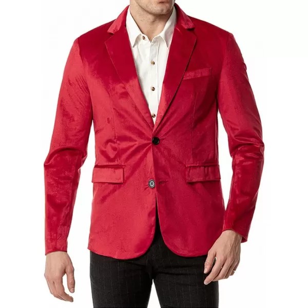 chouyatou Mens Solid Velvet Blazer Basic Slim Fit Two Button Prom Party Dinner Blazer JacketRed