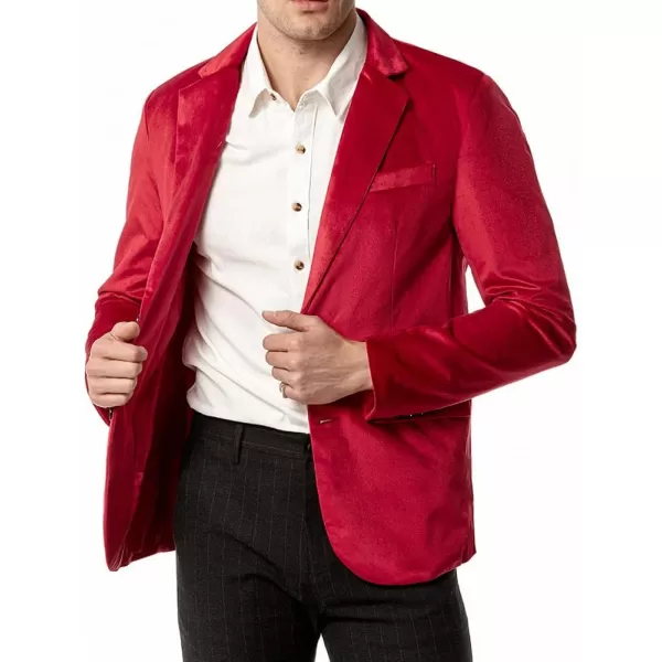 chouyatou Mens Solid Velvet Blazer Basic Slim Fit Two Button Prom Party Dinner Blazer JacketRed