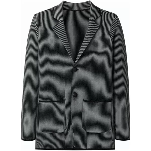 chouyatou Mens Vertical Striped Notched Lapel Business Casual Slim Fit Knit Sweater Blazer Jacket Sport CoatGray