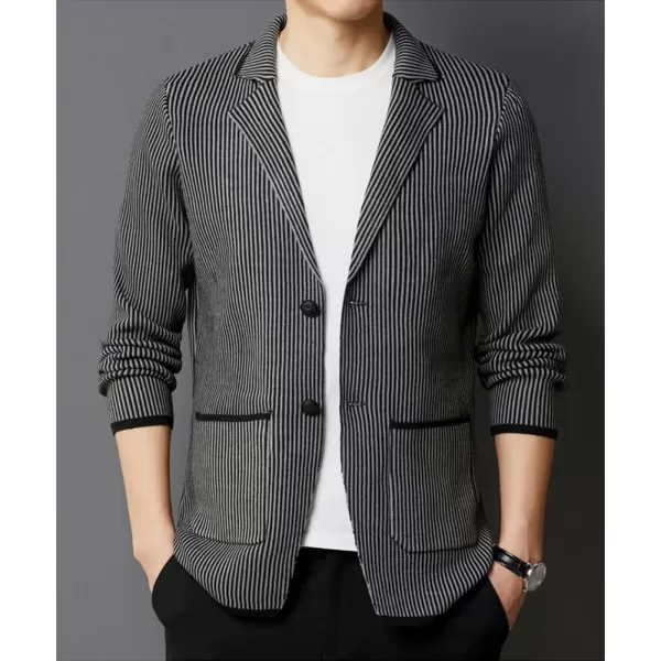 chouyatou Mens Vertical Striped Notched Lapel Business Casual Slim Fit Knit Sweater Blazer Jacket Sport CoatGray