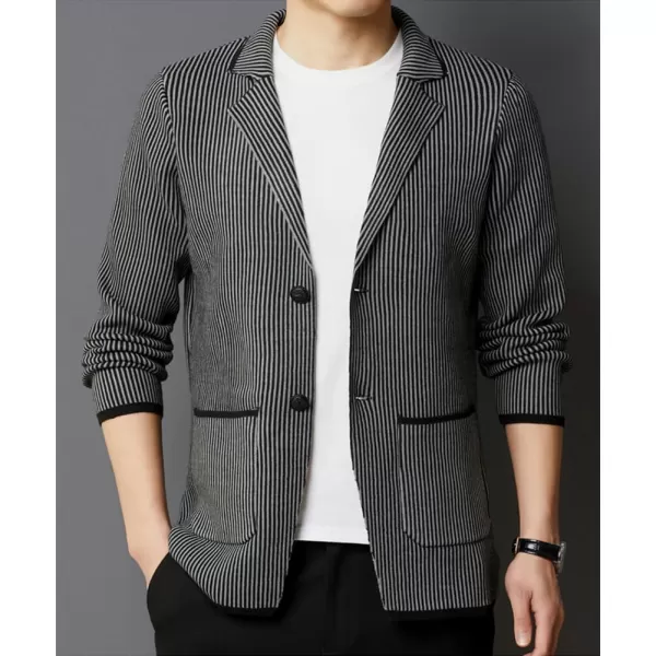 chouyatou Mens Vertical Striped Notched Lapel Business Casual Slim Fit Knit Sweater Blazer Jacket Sport CoatGray