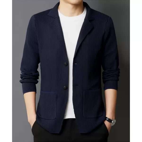 chouyatou Mens Vertical Striped Notched Lapel Business Casual Slim Fit Knit Sweater Blazer Jacket Sport CoatNavy