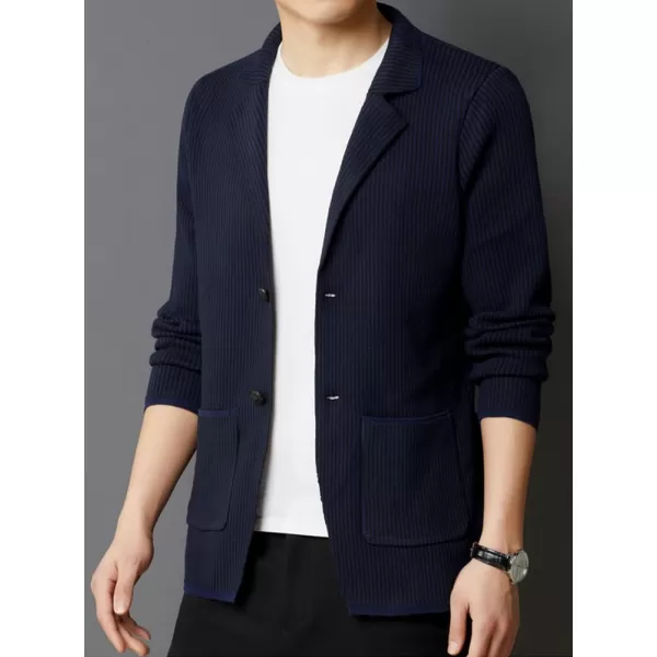 chouyatou Mens Vertical Striped Notched Lapel Business Casual Slim Fit Knit Sweater Blazer Jacket Sport CoatNavy