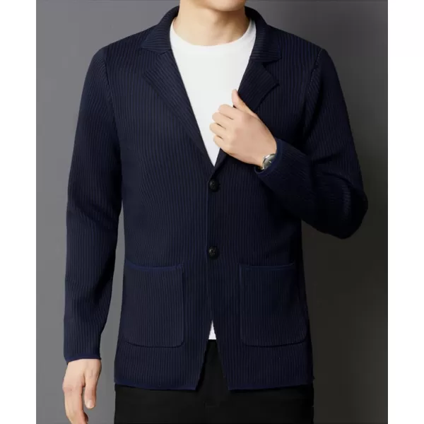 chouyatou Mens Vertical Striped Notched Lapel Business Casual Slim Fit Knit Sweater Blazer Jacket Sport CoatNavy