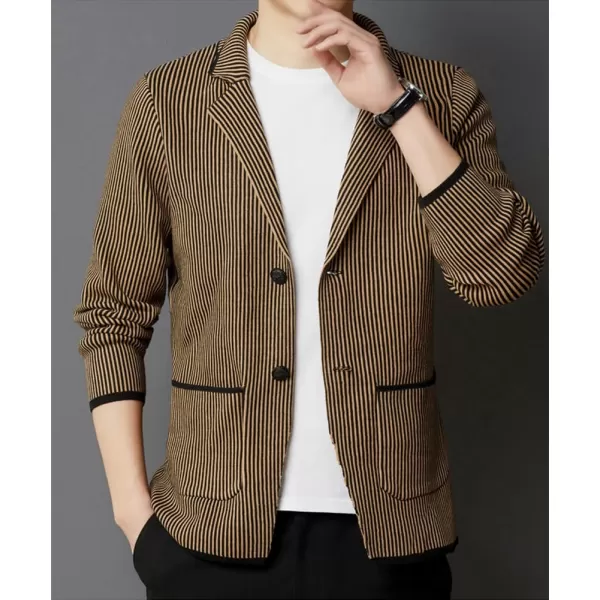 chouyatou Mens Vertical Striped Notched Lapel Business Casual Slim Fit Knit Sweater Blazer Jacket Sport CoatYellow Khaki