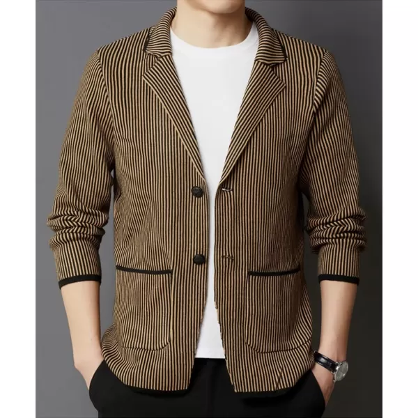 chouyatou Mens Vertical Striped Notched Lapel Business Casual Slim Fit Knit Sweater Blazer Jacket Sport CoatYellow Khaki