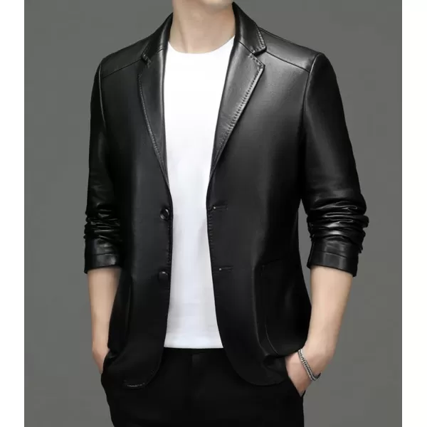 chouyatou Mens Vintage Notched Lapel 2 Button Patch Pocket Pu Faux Leather Blazer Jacket Sport CoatBlack