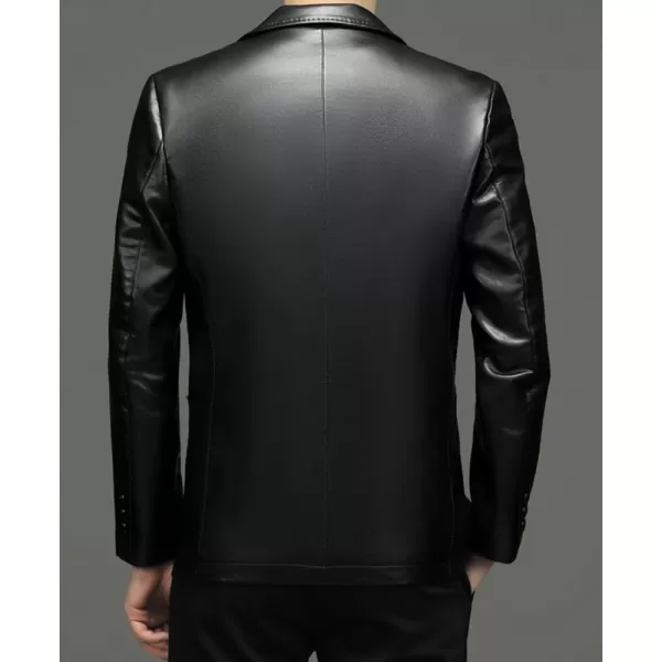 chouyatou Mens Vintage Notched Lapel 2 Button Patch Pocket Pu Faux Leather Blazer Jacket Sport CoatBlack
