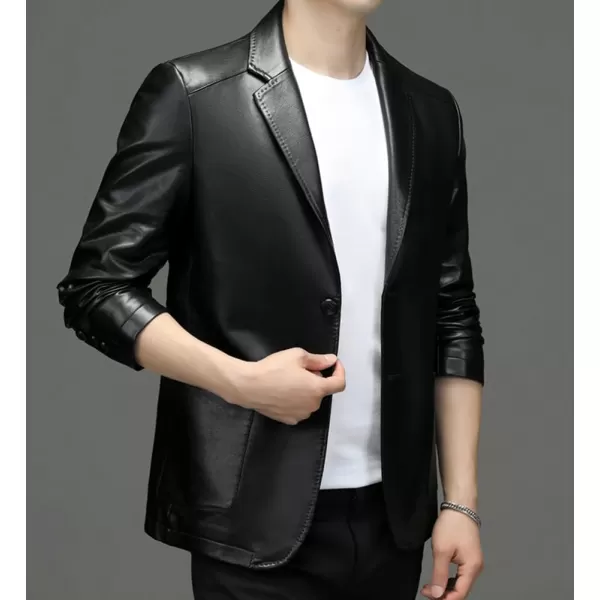 chouyatou Mens Vintage Notched Lapel 2 Button Patch Pocket Pu Faux Leather Blazer Jacket Sport CoatBlack