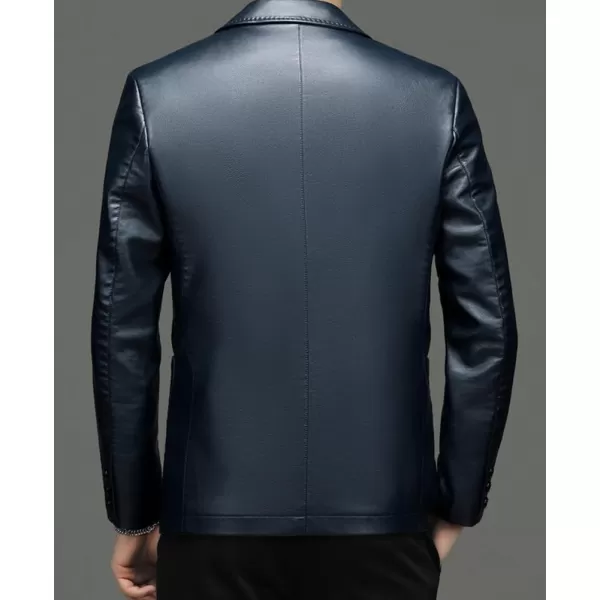 chouyatou Mens Vintage Notched Lapel 2 Button Patch Pocket Pu Faux Leather Blazer Jacket Sport CoatBlue