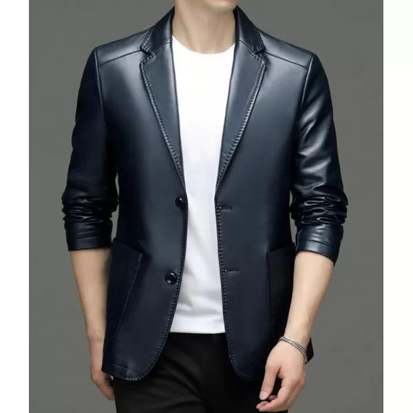 chouyatou Mens Vintage Notched Lapel 2 Button Patch Pocket Pu Faux Leather Blazer Jacket Sport CoatBlue