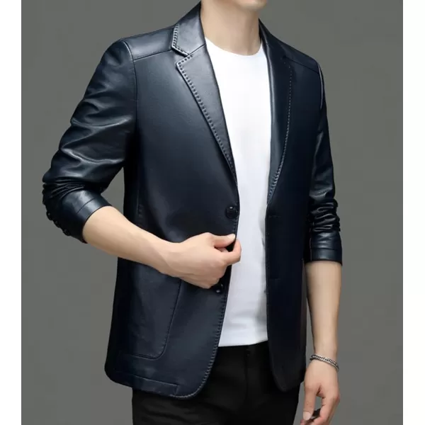 chouyatou Mens Vintage Notched Lapel 2 Button Patch Pocket Pu Faux Leather Blazer Jacket Sport CoatBlue