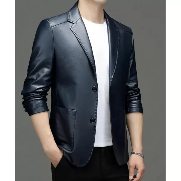 chouyatou Mens Vintage Notched Lapel 2 Button Patch Pocket Pu Faux Leather Blazer Jacket Sport CoatBlue