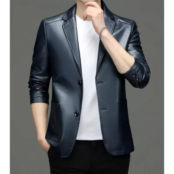 chouyatou Mens Vintage Notched Lapel 2 Button Patch Pocket Pu Faux Leather Blazer Jacket Sport CoatBlue