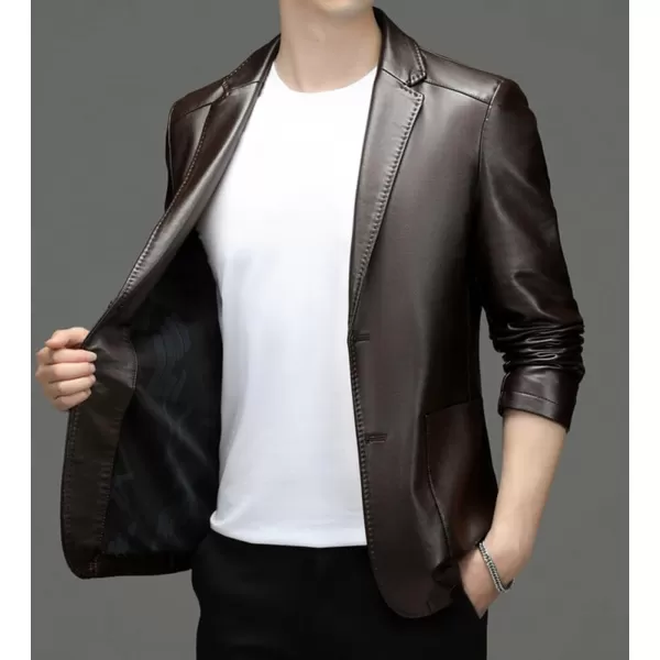 chouyatou Mens Vintage Notched Lapel 2 Button Patch Pocket Pu Faux Leather Blazer Jacket Sport CoatCoffee