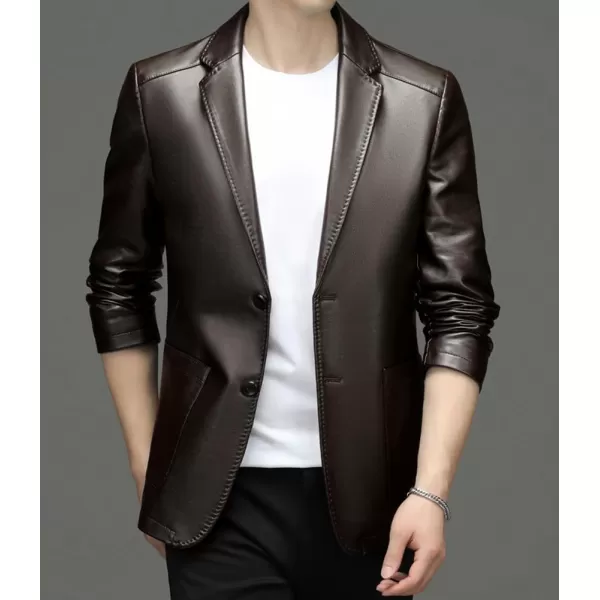 chouyatou Mens Vintage Notched Lapel 2 Button Patch Pocket Pu Faux Leather Blazer Jacket Sport CoatCoffee