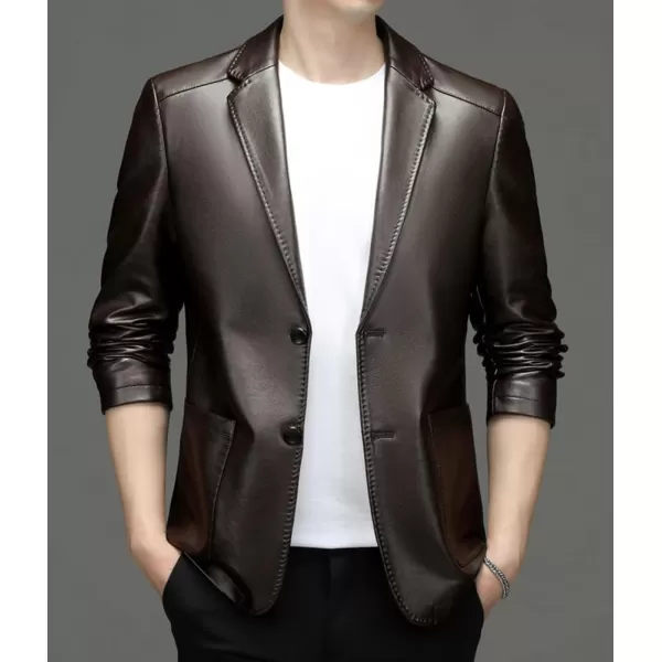 chouyatou Mens Vintage Notched Lapel 2 Button Patch Pocket Pu Faux Leather Blazer Jacket Sport CoatCoffee