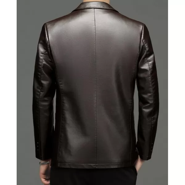 chouyatou Mens Vintage Notched Lapel 2 Button Patch Pocket Pu Faux Leather Blazer Jacket Sport CoatCoffee