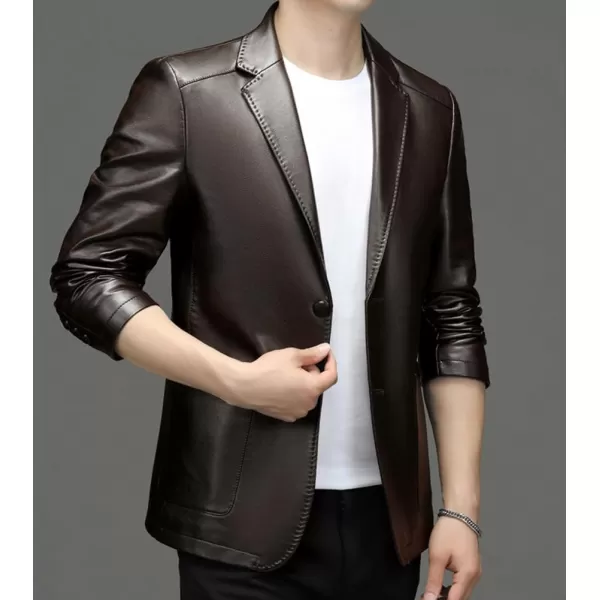 chouyatou Mens Vintage Notched Lapel 2 Button Patch Pocket Pu Faux Leather Blazer Jacket Sport CoatCoffee