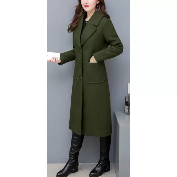 chouyatou Womens Big Notch Lapel Single Breasted MidLong Wool Blend CoatArmy Green