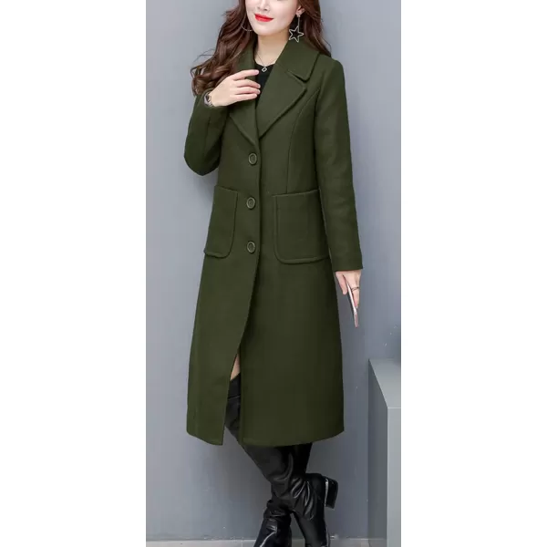 chouyatou Womens Big Notch Lapel Single Breasted MidLong Wool Blend CoatArmy Green