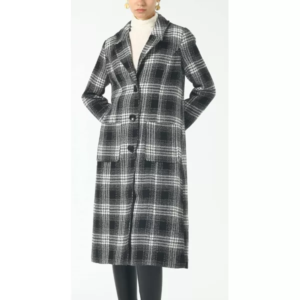 chouyatou Womens Big Notch Lapel Single Breasted MidLong Wool Blend CoatBlackplaid
