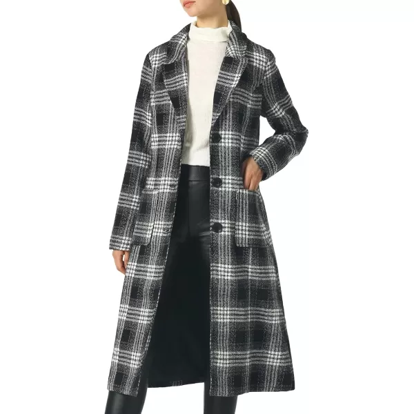 chouyatou Womens Big Notch Lapel Single Breasted MidLong Wool Blend CoatBlackplaid
