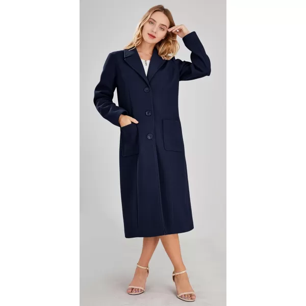 chouyatou Womens Big Notch Lapel Single Breasted MidLong Wool Blend CoatNavy Blue