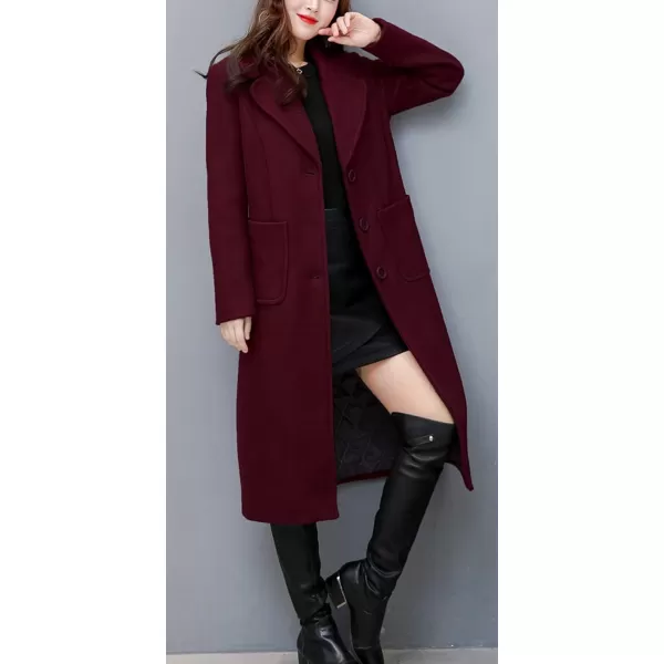 chouyatou Womens Big Notch Lapel Single Breasted MidLong Wool Blend CoatWine Red